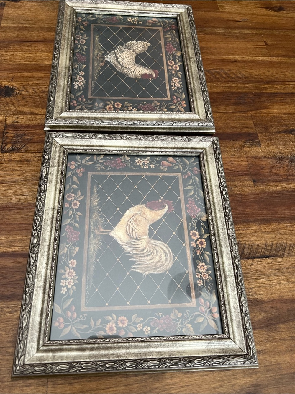 Vintage-Style Rooster Wall Art Pair in Gold Frame